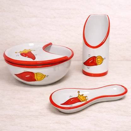Set Cucina Scaramanzia 3 Pezzi - Ceramica di Vietri - Cornetto Rosso e Oro