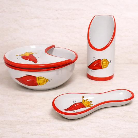 Set Cucina Scaramanzia 3 Pezzi - Ceramica di Vietri - Cornetto Rosso e Oro